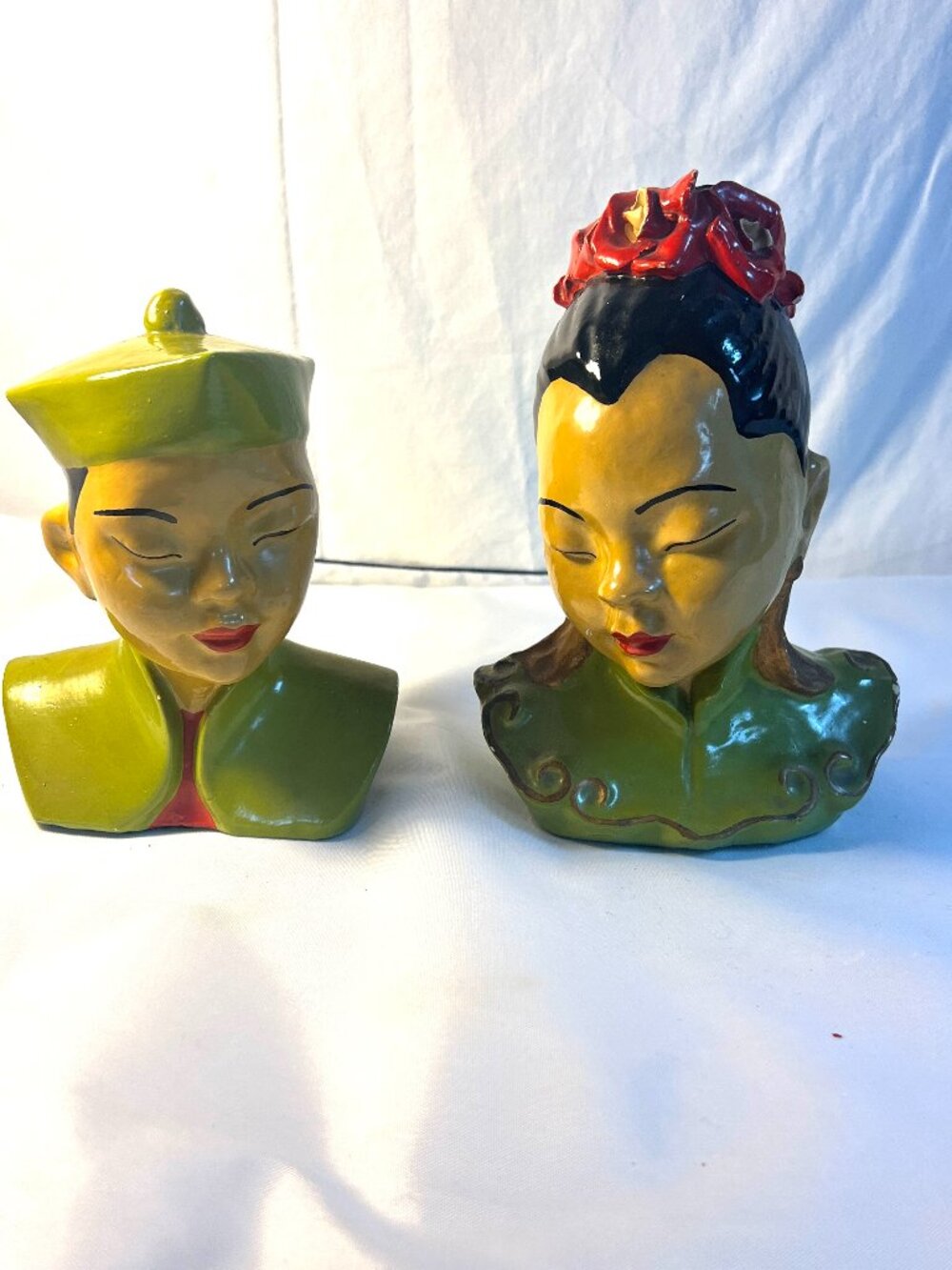 Vintage Mid Century Chalkware Bust Pair Green Red Asian Decor - SKU12